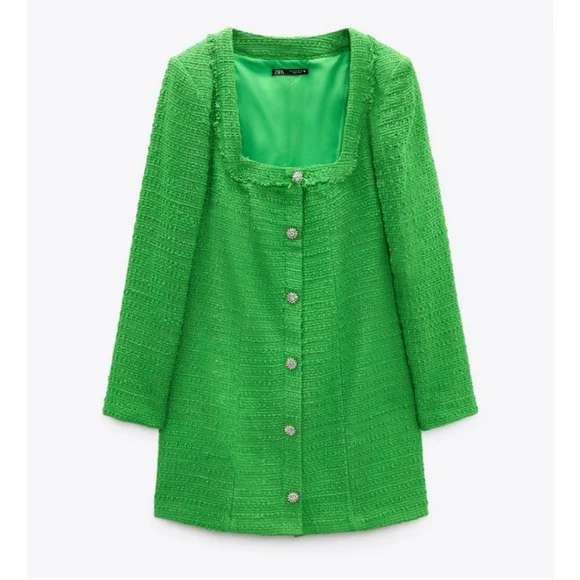 Zara * Tweed Textured Weave Blazer Dress with Jewel Buttons Green - Picture 12 of 14